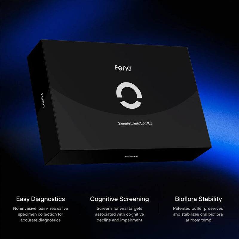 Feno sample collection kit in black packaging with highlighted diagnostic features for easy saliva testing, cognitive screening, and bioflora preservation