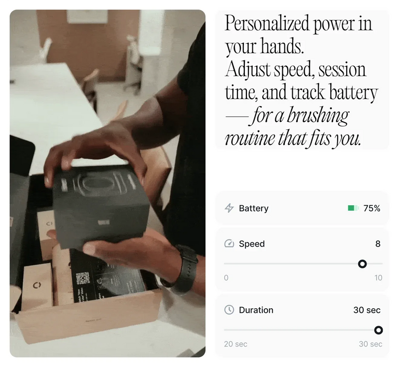 Smart toothbrush device held in hands displaying app interface with battery level at 75%, speed setting at 8, and session duration of 30 seconds