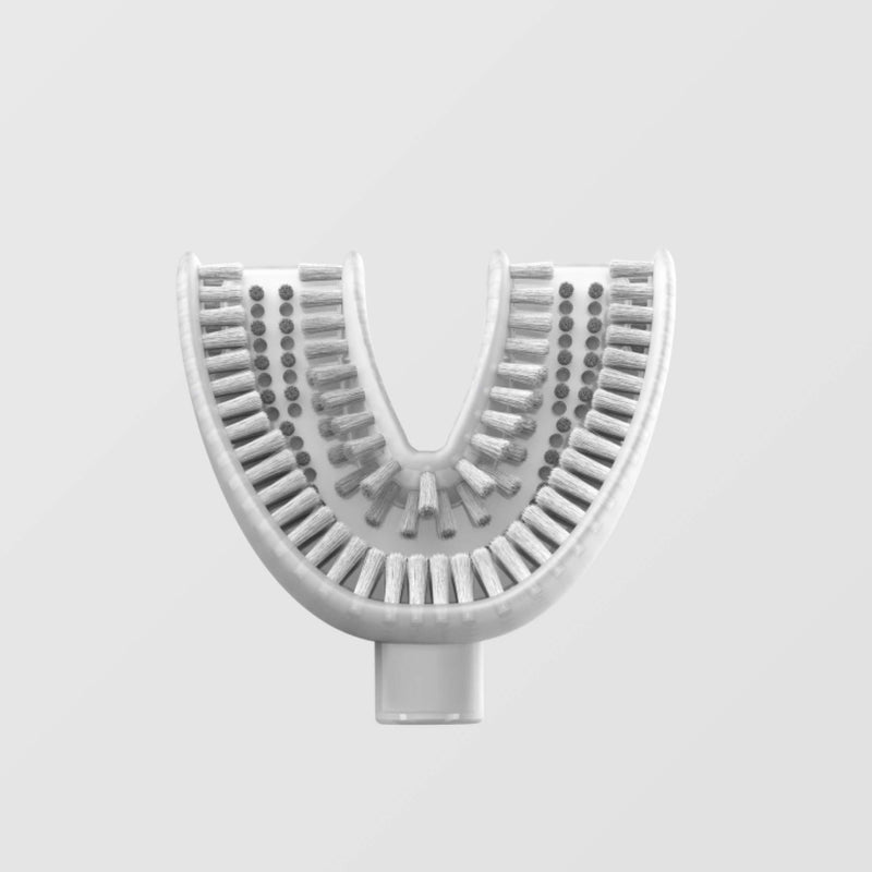 360 U shaped toothbrush head with dense bristle rows for full-mouth cleaning and gumline coverage in seconds.